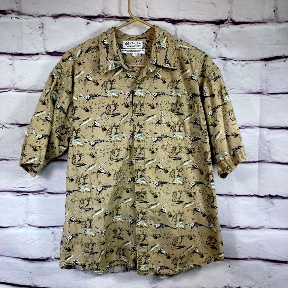 Columbia Casual Vented Tan Fishing Shirt SZ L Button Up Cotton Sportsman Fish